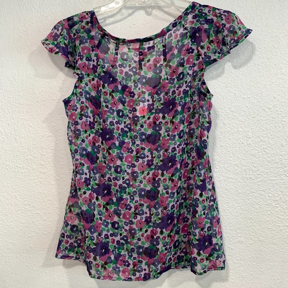 NWT Old Navy 1/4 Button Up Semi Sheer Floral Top Cap Sleeves MultiColor Size S - Picture 2 of 13